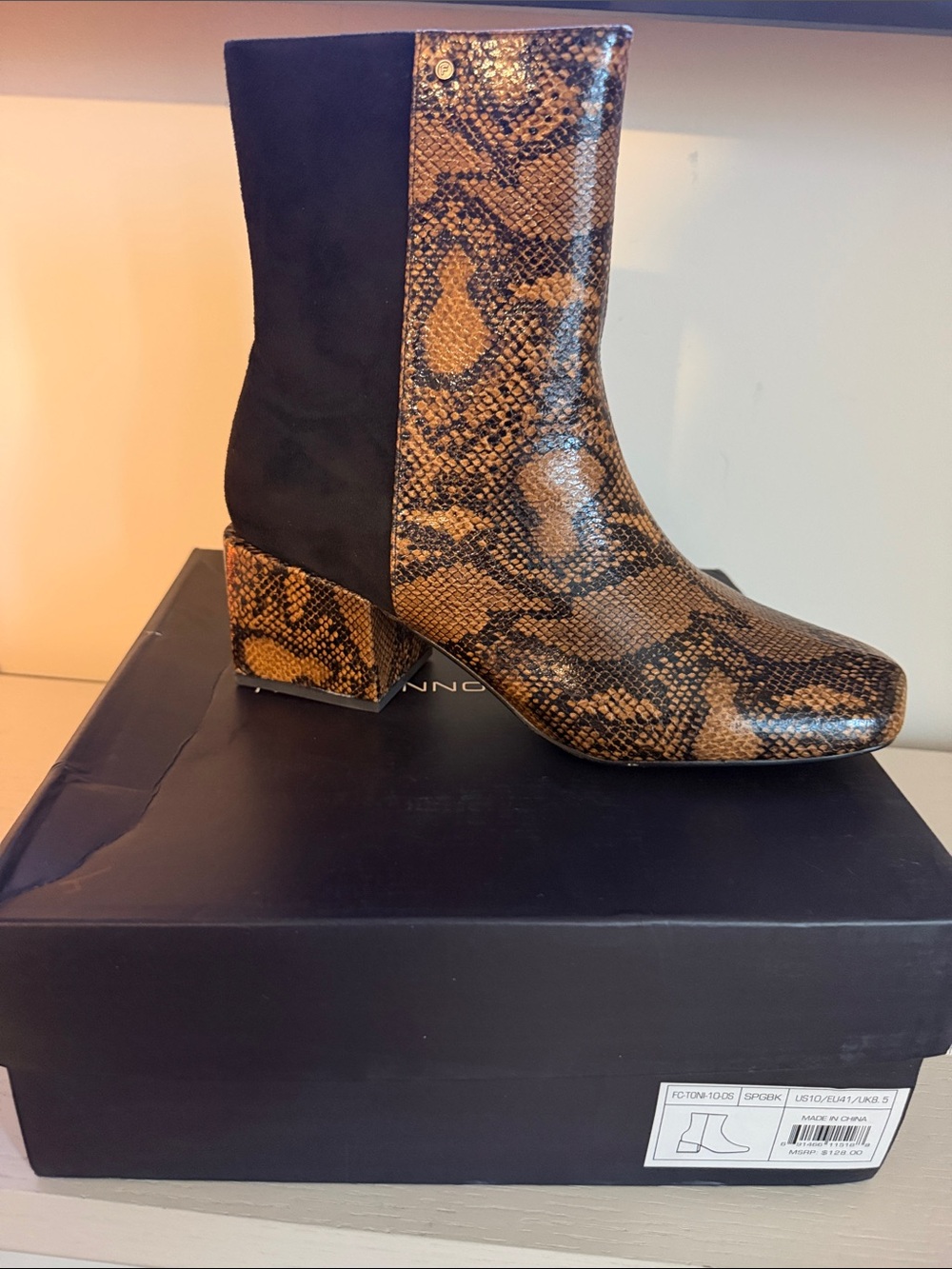 French Connection Black and Brown Snake-Print Block Heel Ankle Boots